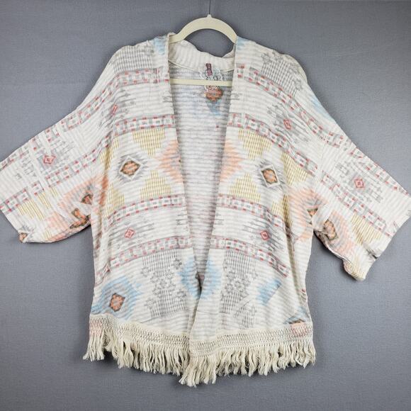 Mauve Size XL Knit Fringe Cardigan Cream Southwestern Baja Beach Coastal Hippie - Picture 1 of 8